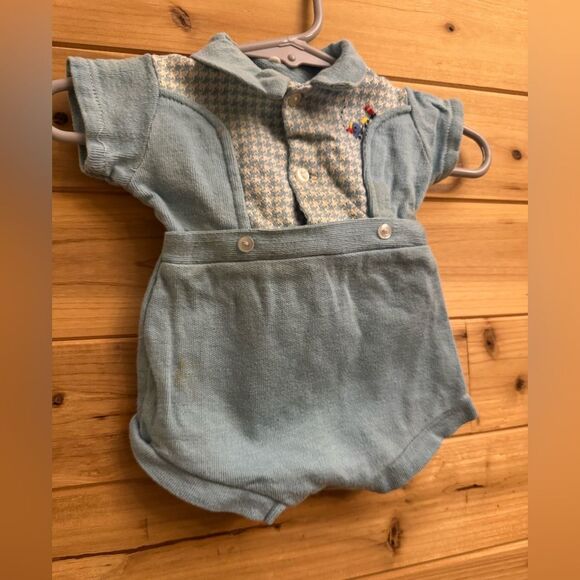 Vintage Baby Boy Newborn Bundle Yellow Blue Tan Collared Romper Outfit - Picture 4 of 16